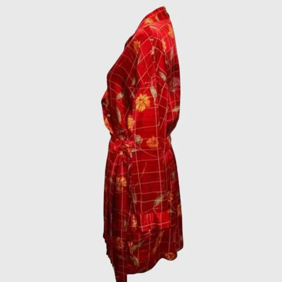 Vintage Victoria's Secret XS/S Red Floral Silk Robe Tied Pockets Luxury Sexy Y2K - Picture 2 of 10